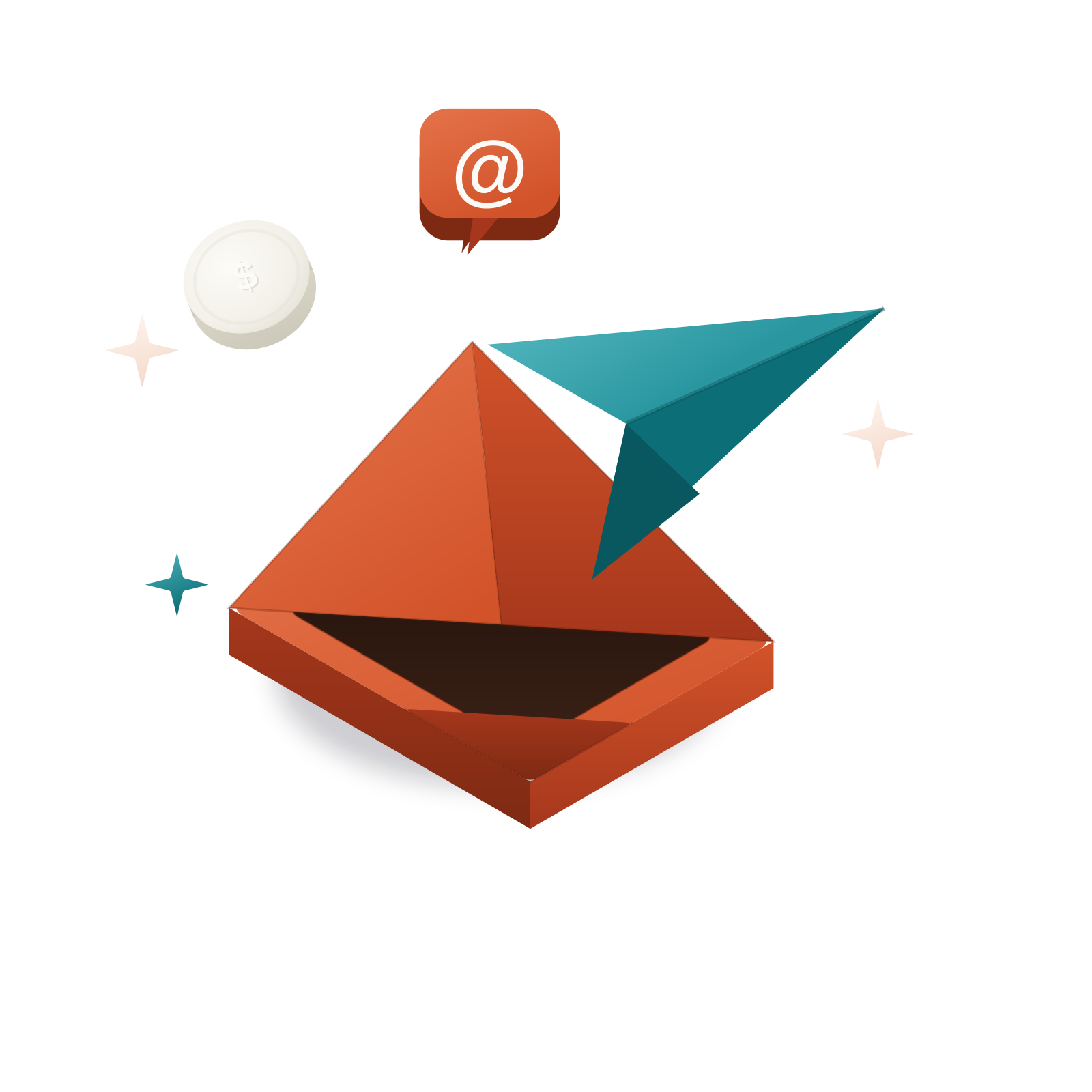 Isometric 3D illustration: an open envelope with a teal paper plane and an ochre speech chip