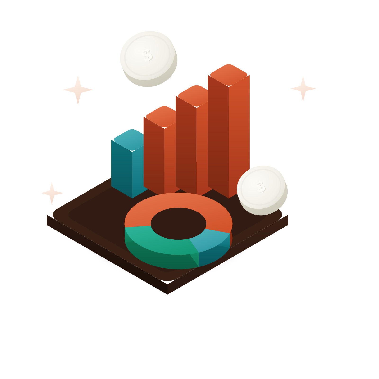 Isometric 3D illustration: a rising bar chart and a ring chart with silver “$” coins on a red-earth slab